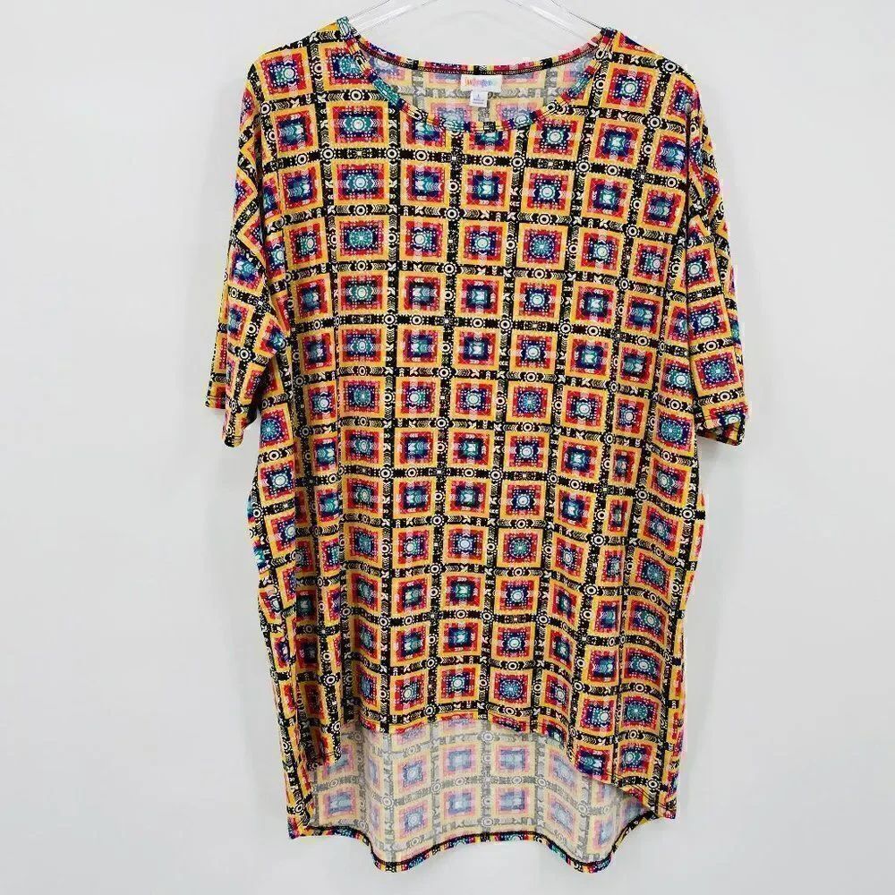 Lularoe Size Large Yellow Southwestern Aztec Print Short Sleeve Irma Tunic Top